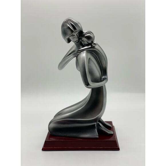 Vintage Herco Hallmark  Mother & Daughter Statue Silver Tone with Wooden Stand - Picture 1 of 7